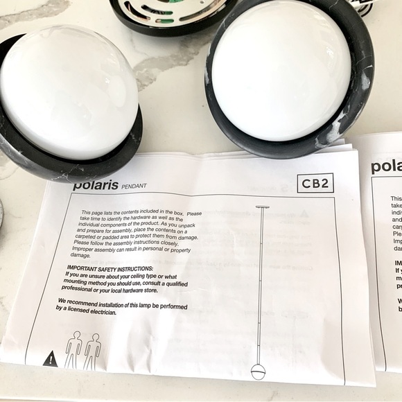 Set of 2 CB2 Polaris Black Marquina Marble Globe Pendant Lights - Picture 13 of 16